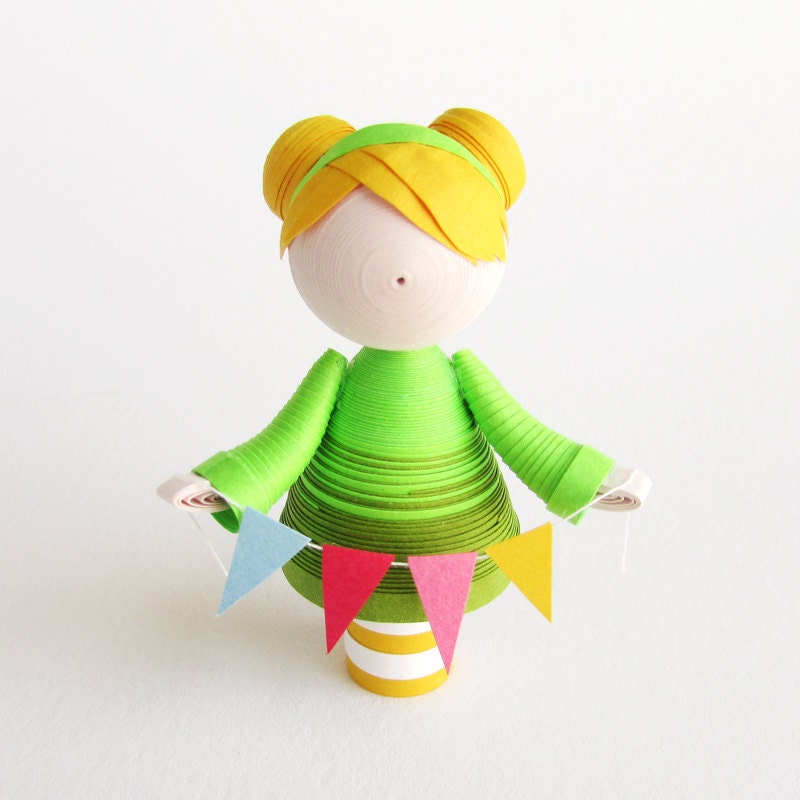 Quilled Paper art doll girl figurine in green with colorful