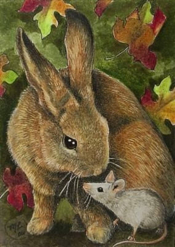 Bunny Rabbit and Mouse Art by Melody Lea Lamb ACEO Miniature