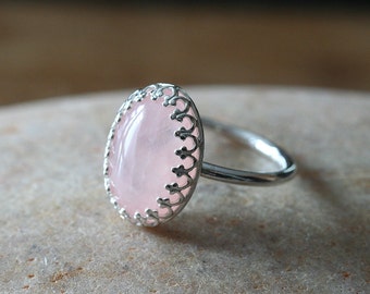 Rose Quartz Ring Stacking Ring in Sterling Silver 14x10 mm, Gallery Princess Crown Bezel Ring, Size 2 to 15, Womens Pink Ring Solitaire