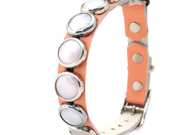 Peach Leather Cat Collar with Pearl Circle Studs, Size to fit a 8-10in Neck, Safety Rubber Ring, Eco-Friendly, Reclaimed Leather
