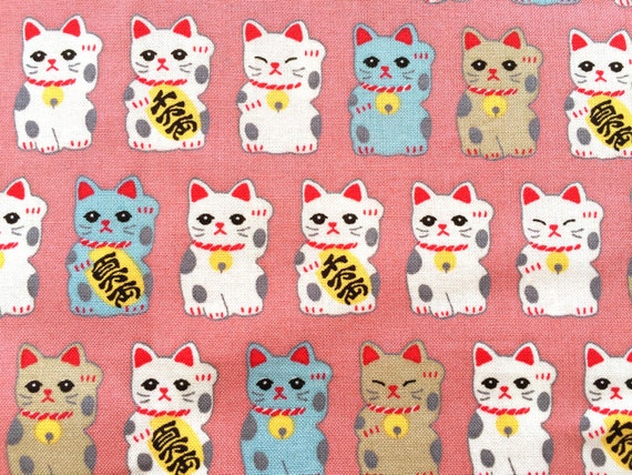 Japanese Fabric - Cotton Fabric -  1 Yard - Maneki Neko - Pink Fabric - Lucky Cats Fabric -  110 cm x 100 cm (F80)