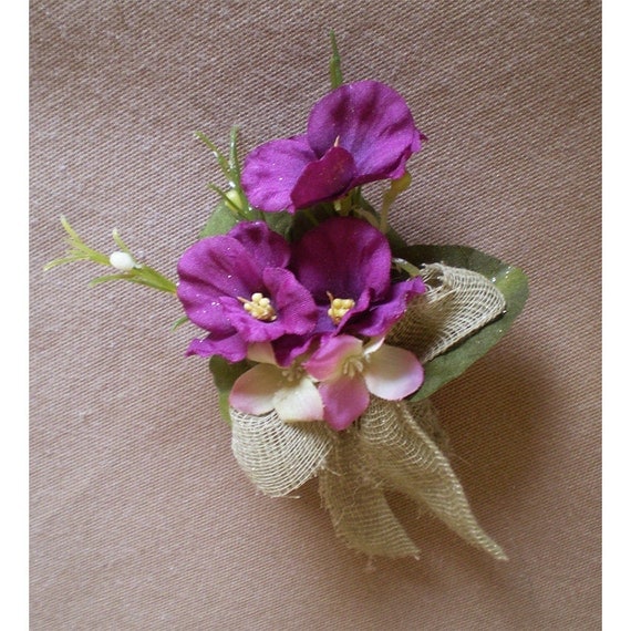 Flower broach flower pin violets rustic wedding flowers prom Mothers Day Easter corsage boutonniere