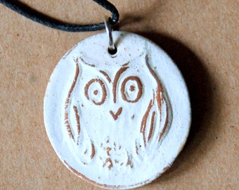 Handmade Ceramic Owl Pendant - Rustic Folk Art Owl in Neutral