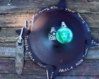 Medusa Rondanini "I will Fear No Evil" Shield assemblage industrial art bricolage