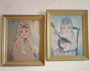 Sherle 1960s Harlequin Art Framed Set • 20"x24" • Big Eyed Kid Art • Kitsch Home • 60s Big Eyed Sad Eyes • Kitsch Art • Wall Hanging