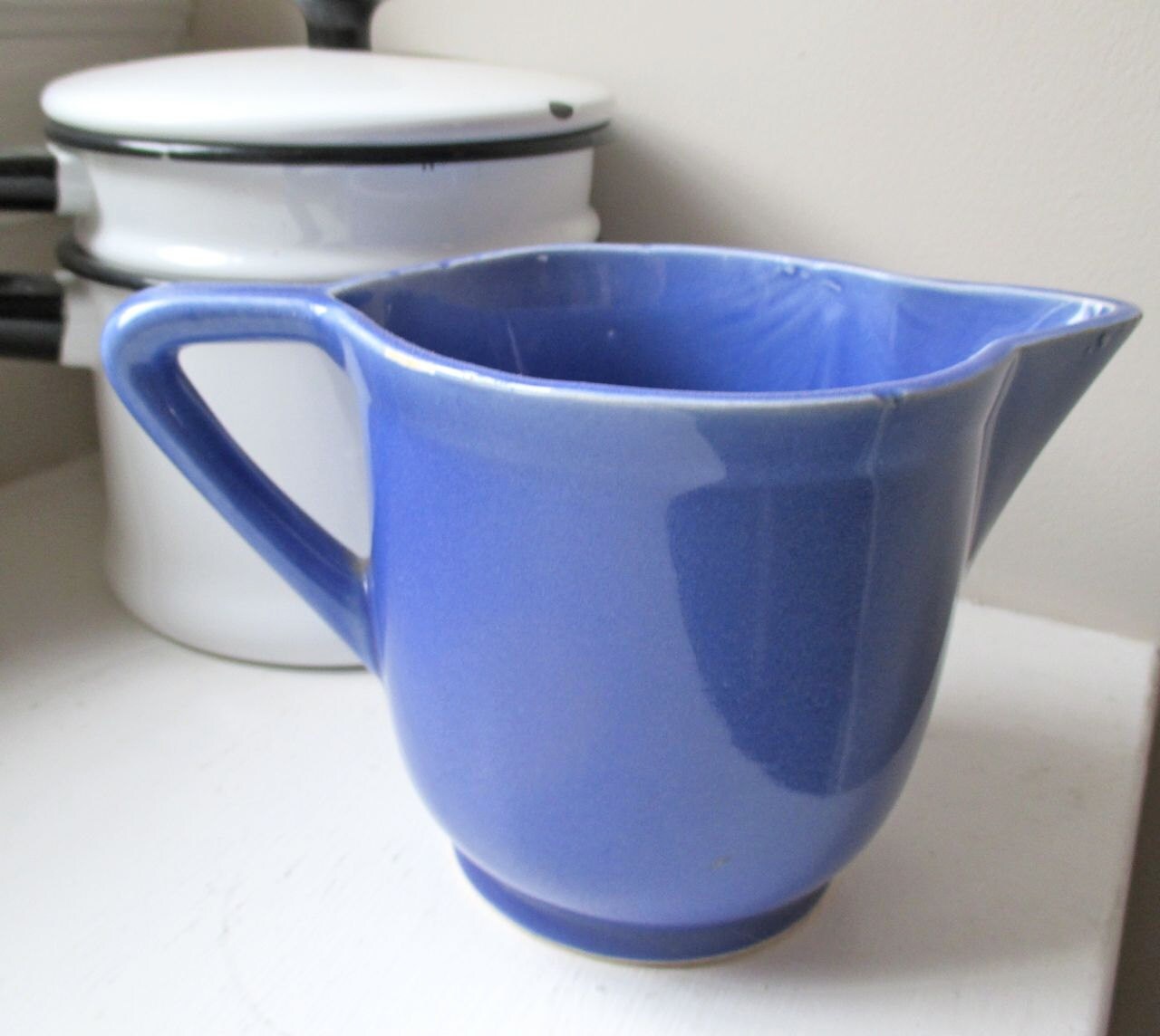 Vintage Milk Pitcher Blue Glazed Pottery USA Haute Juice