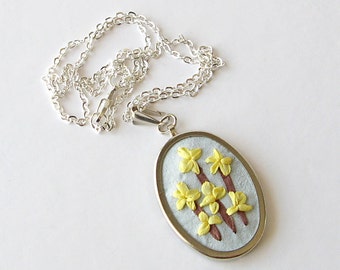 Forsythia necklace, embroidered pendant, yellow spring flowers jewelry, yellow flowers necklace, silk ribbon embroidery