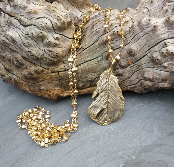 Gold Feather Necklace, Long Gold Chain Necklace Boho Long Beaded Necklace, Long Pendant Necklace, Long Bohemian Necklace, Layering Necklace