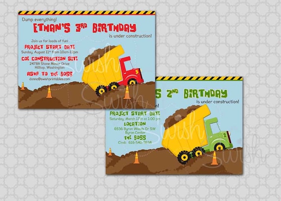 Dump Truck Birthday Invitation - Construction Party - Printable Invite - 5x7 digital file Il_570xn