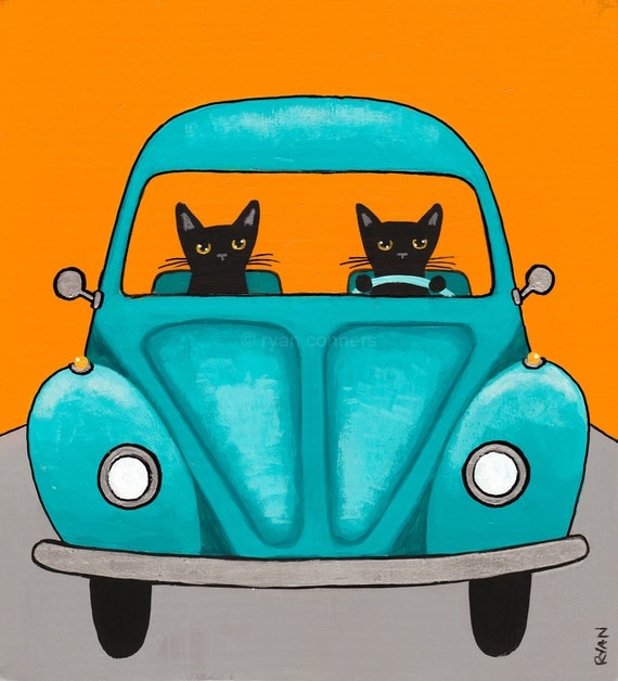 Turquoise Road Trip Cats Original Cat Folk Art Painting