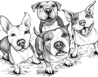 Four Pittie Friends Dog 12X18 Signed Giclee Fine Art Print
