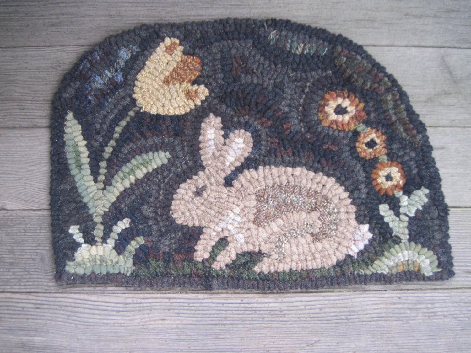 Primitive Hooked Rug Bunny In The Garden by theoldrosecottage