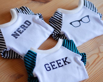 White Geek / Nerd / Glasses top dress with stripy sleeves - SD Delf BJD clothes