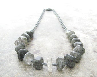 rutilated quartz necklace, rustic gemstone necklace, sterling and stone necklace, oxidized jewelry, silver jewelry
