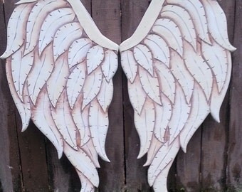 Carved Wood Angel Wings in Gabriel 33L x 34W Cream Brown and Sepia Tones