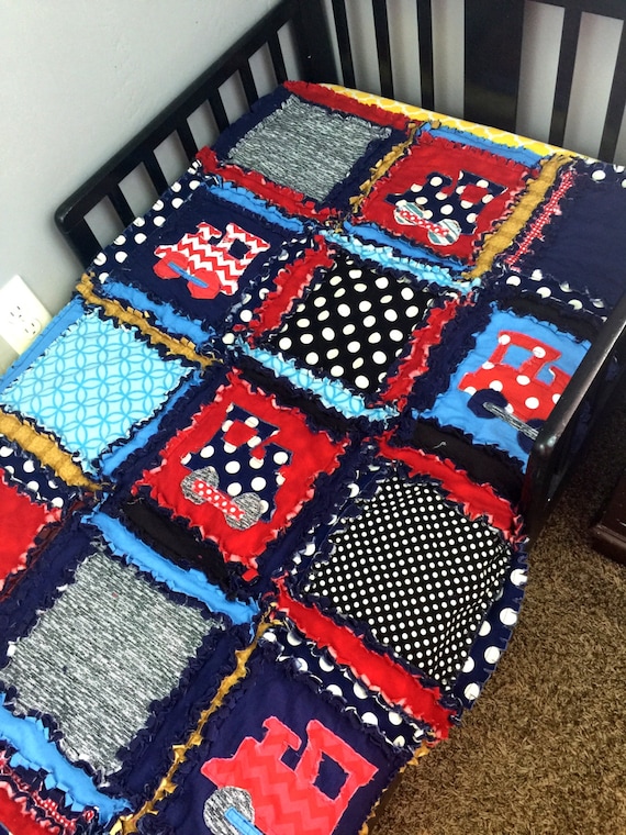 Train Crib and Toddler Bed Rag Quilt and Standard Size Pillow Sham
