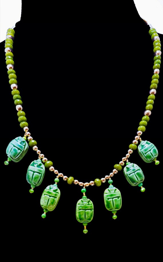 Green Egyptian Scarabs & Peridot Necklace by SilkRoadJewelry