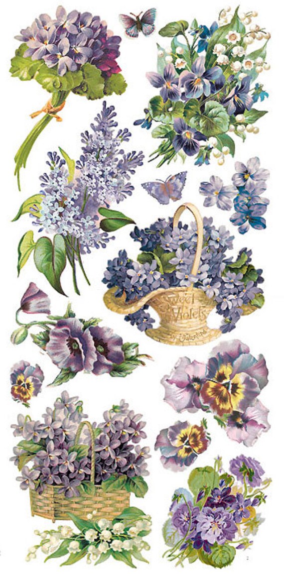 Self Adhesive Purple Flowers Stickers 1 Sheet Colorful