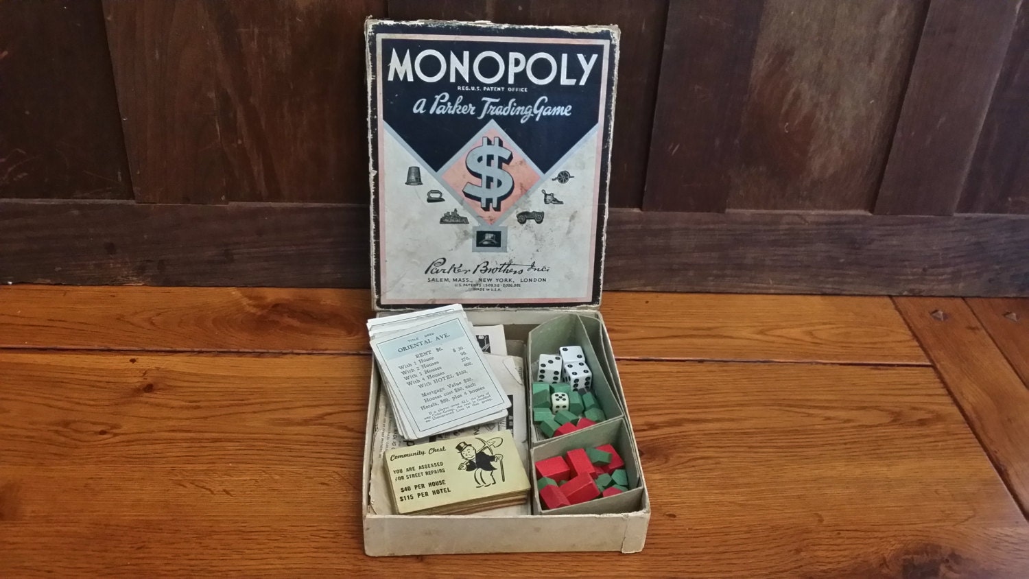 Vintage 1930s Parker Brothers Monopoly Game Box With Wooden