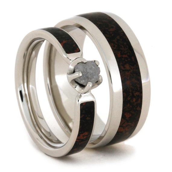 Palladium Wedding Ring Set with Rough Diamond Engagement Ring and ...