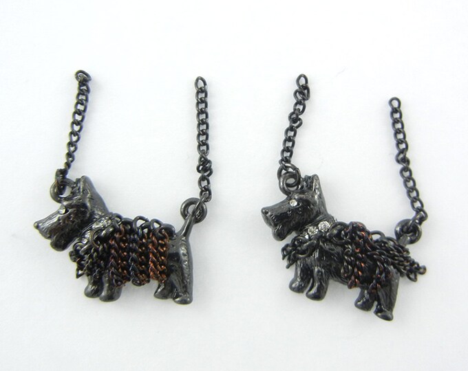 Pair of Black Epoxy Scottie Dog Charms with Chains Rhinestones Jewelry Supplies
