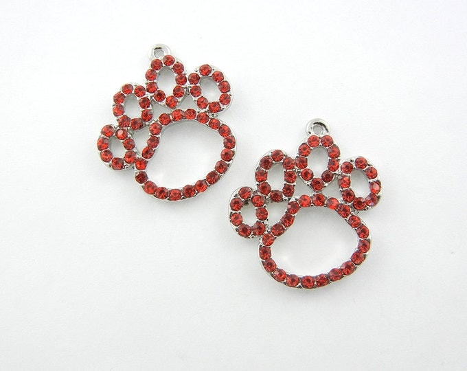 Pair of Outline Paw Print Charms Red Rhinestone