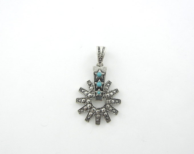 Antique Silver-tone Spur with Cut-out Pendant with Acrylic Turquoise Cabochons