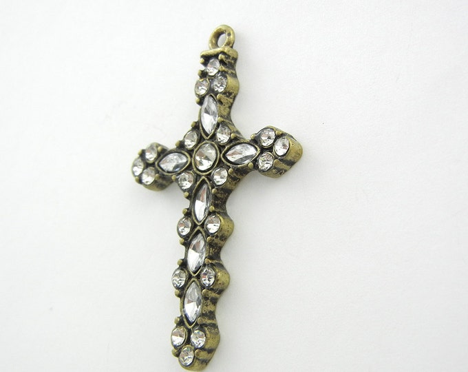 Burnished Gold-tone Clear Rhinestone Encrusted Cross Pendant