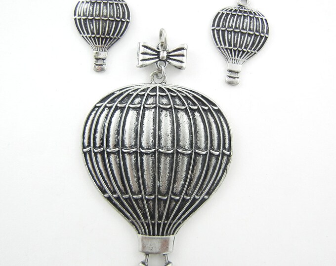 Set of Antique Silver-tone Hot Air Balloon Pendant and Charms