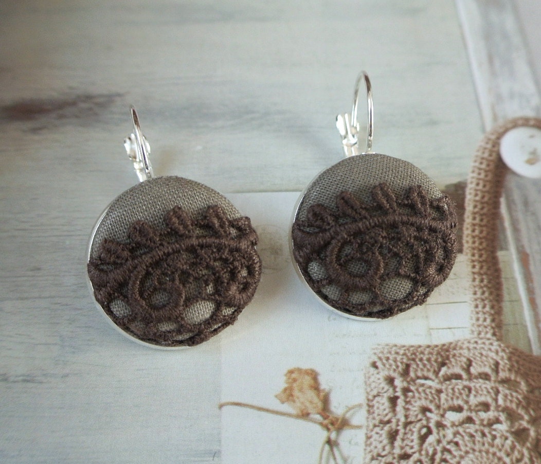 Fabric button earrings retro dark brown floral lace earrings