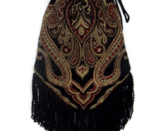 Tapestry Gypsy Bag with Black Fringe Hippie Bag Boho Bead Bag Cross Body Bag