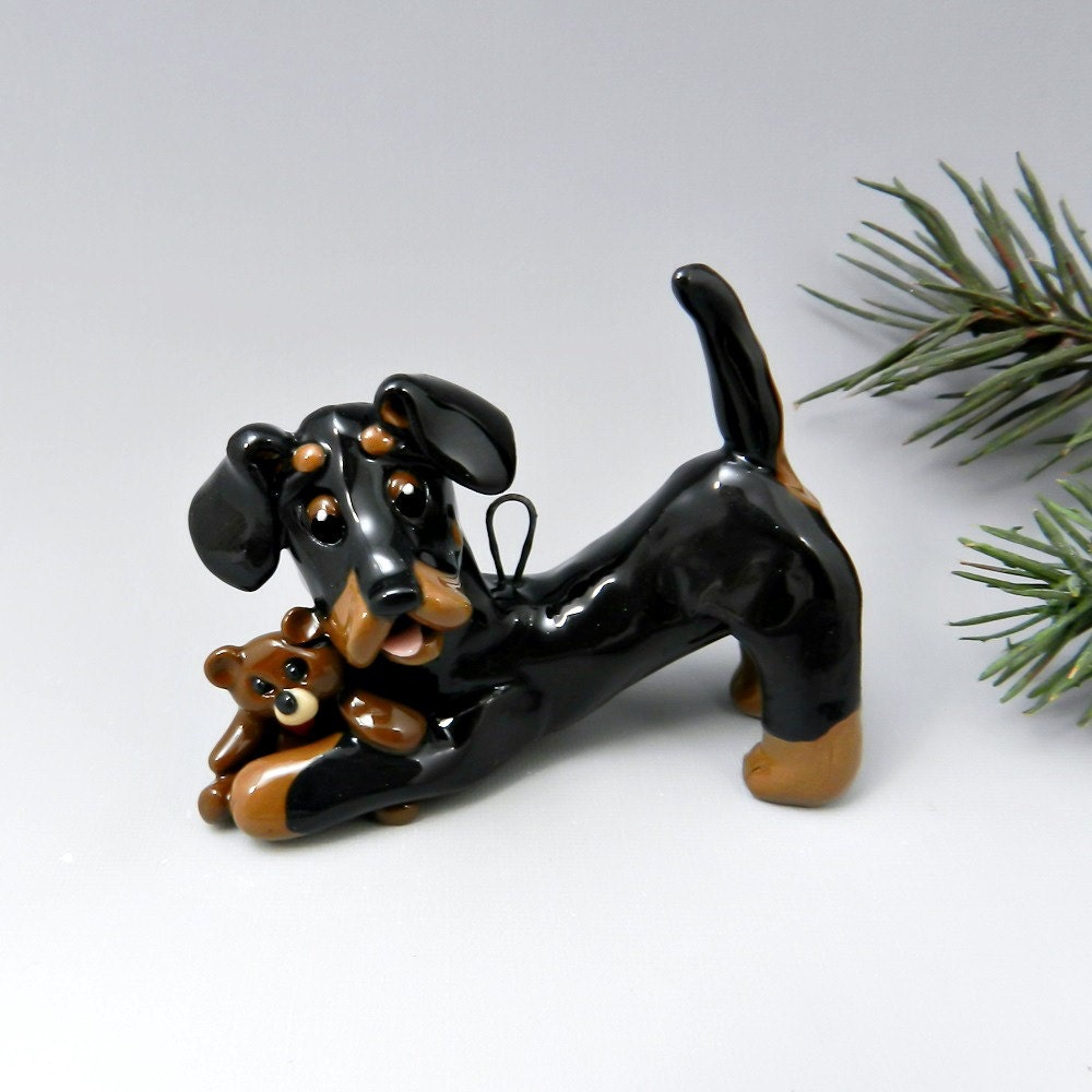Dachshund Black Tan Christmas Ornament Figurine Teddy Bear