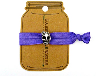 Flower Skull Knotted Elastic Hair Tie Bracelet No Crease Ponytail Holder thick hair option purple rocker chic Gasparilla pirate edgy