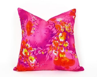 Neon Pink Pillows, Red Orange Pillow Covers, Hawaiian Floral Pillow Cover, Bright Bold Pillows, Eclectic Cushion Covers, 18x18, SALE
