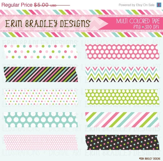 50% OFF SALE Washi Tape Clipart Graphics Digital Scrapbooking Clip Art Frame Tags Instant Download in Pink Green Blue Il_570xn