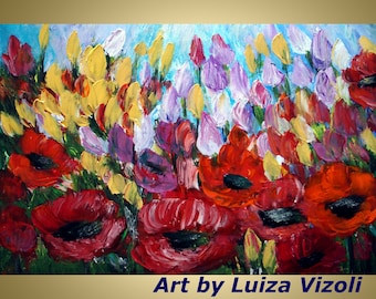Original Abstract OIl Modern Impressionist SPRING MEADOW FLOWERS Palette Impasto Poppies Tulips Spring Floral Painting by Luiza Vizoli