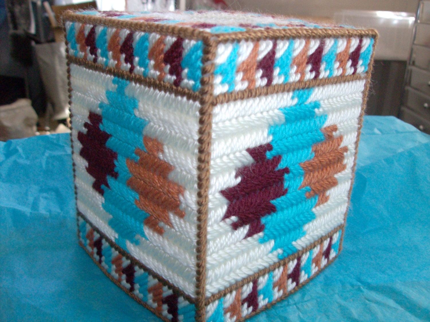 Needlepoint Aztec Design Tissue Box CoverNeedlepoint
