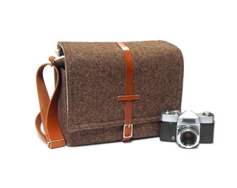 Camera + tablet messenger bag - brown tweed