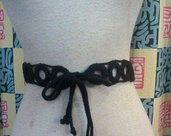 Vintage BLACK Rayon Cord Self Tie Belt 1940s 1950s Sz 26 ~38