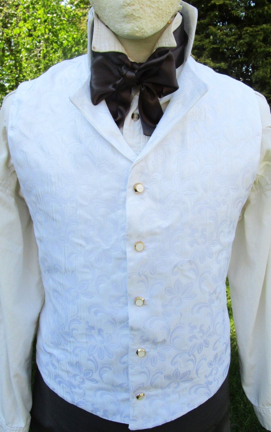 Men's White Brocade High Neck Regency Style Vest 42