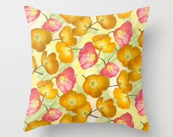 Poppy photo pillow, summer pillow, pink poppy cushion, floral patio pillow, yellow flower pillow, yellow poppies decor, pink yellow bedroom