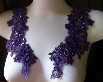 Purple Plum Beaded Lace Applique PAIR for LYRICAL Dance, Bridal, Headbands, Costume Design PR 612pp