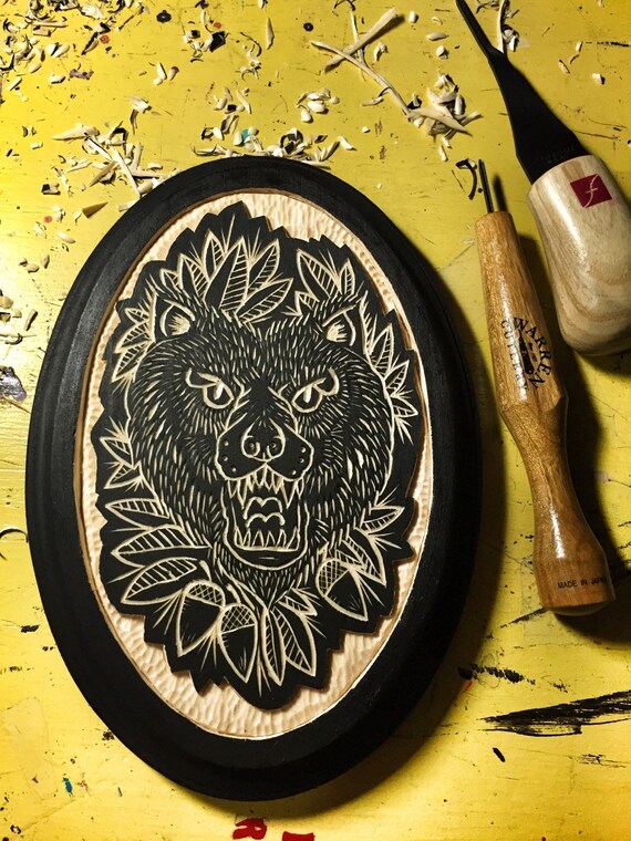 Hand Carved Bear Wall Art / Woodcut by Representartco on Etsy