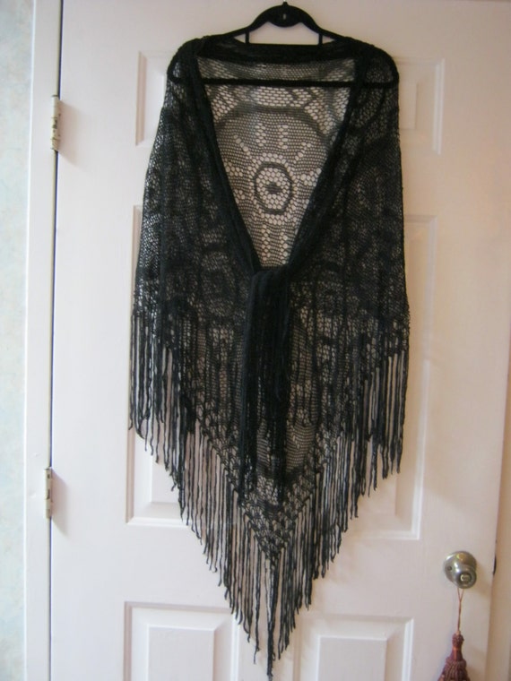 Vintage big fringed black shawl exotic black fringed wrap