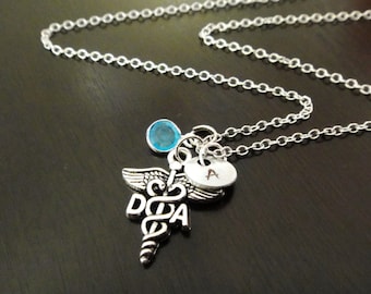 DA Dental Assistant Handstamped Personalized Crystal Birthstone Initial Necklace