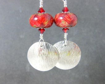 Sterling Silver & Glass Earrings, Boho Dangle Earrings, Red Beige Earrings, Hammered Silver Earrings, Boro Lampwork, Metalwork Earrings