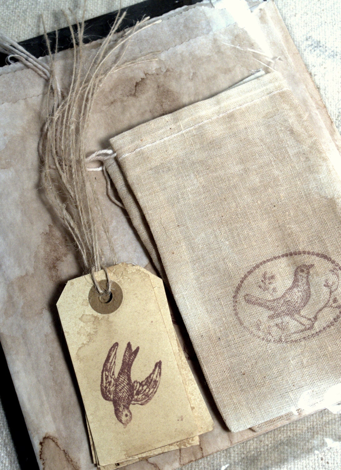 Antiqued Tags Cloth Bags and Sandwich Bags Stamped Birds