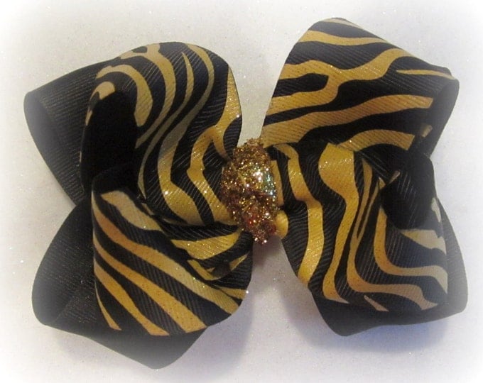 Gold hair Bow, Zebra Hairbow, Glitter Bows, Girls Hair Bows, Gold Zebra Hairbow, Stacked Bows, Big hair bows, large bows, Boutique hair bow