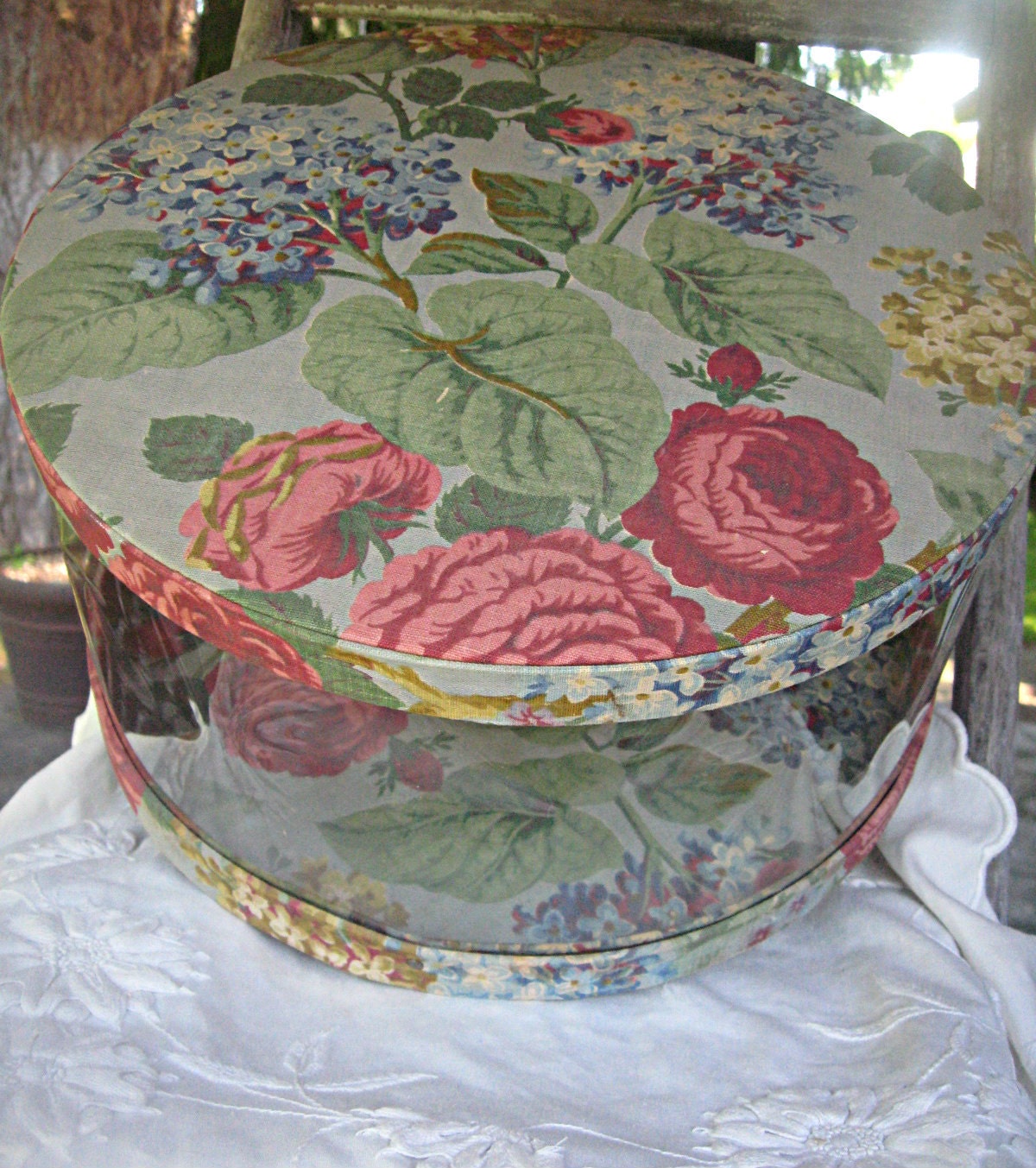 Vintage clear hat box floral hat box peonies/hydrangeas hatbox
