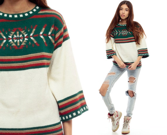 Bohemian Sweater Ethnic Sweater 70s Boho AZTEC Print Striped